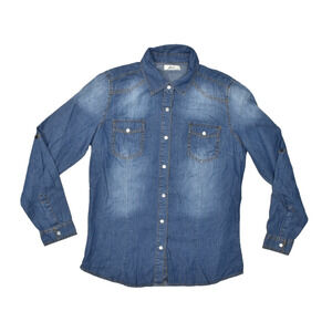 INSO Active Wear Women's Blue Denim Snap Button Roll-Tab Sleeve Shirt Size L